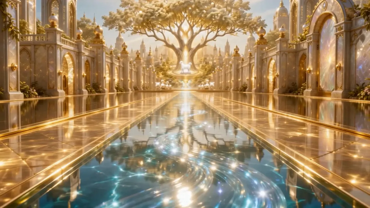 Down the center of the great golden street: water