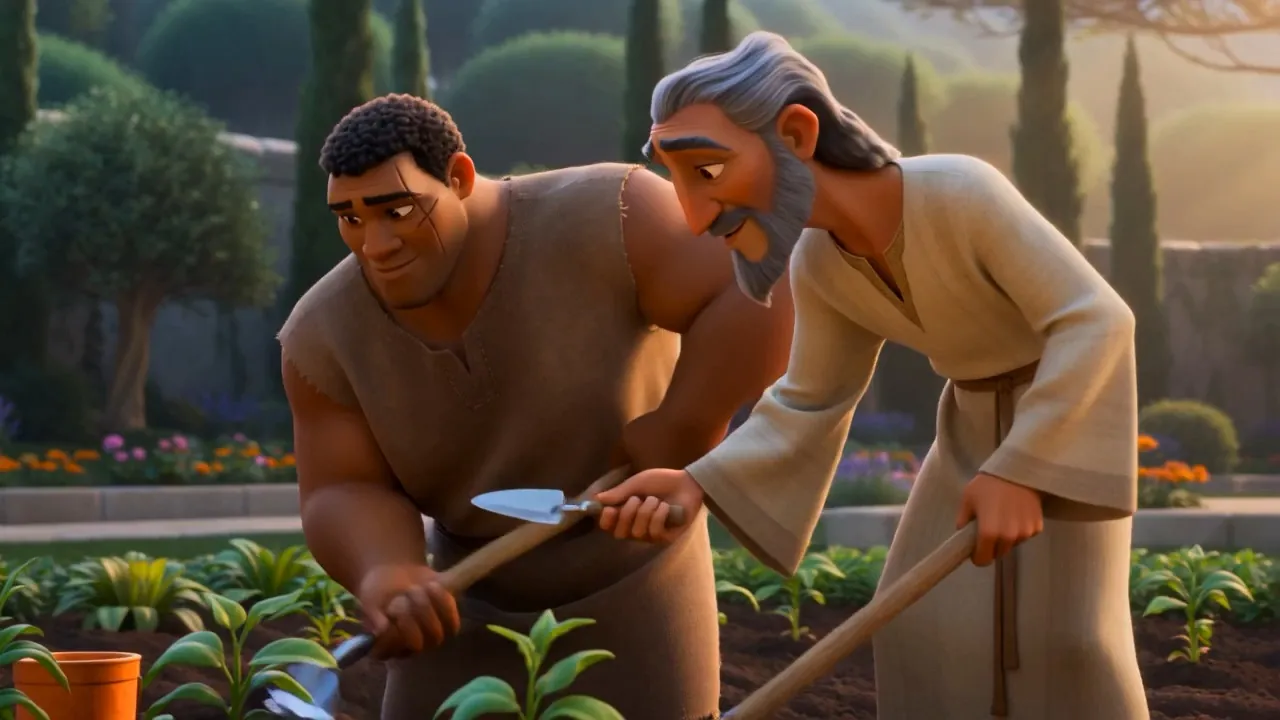 Two men planting a bed together: one broad and scarred, one lean and gray