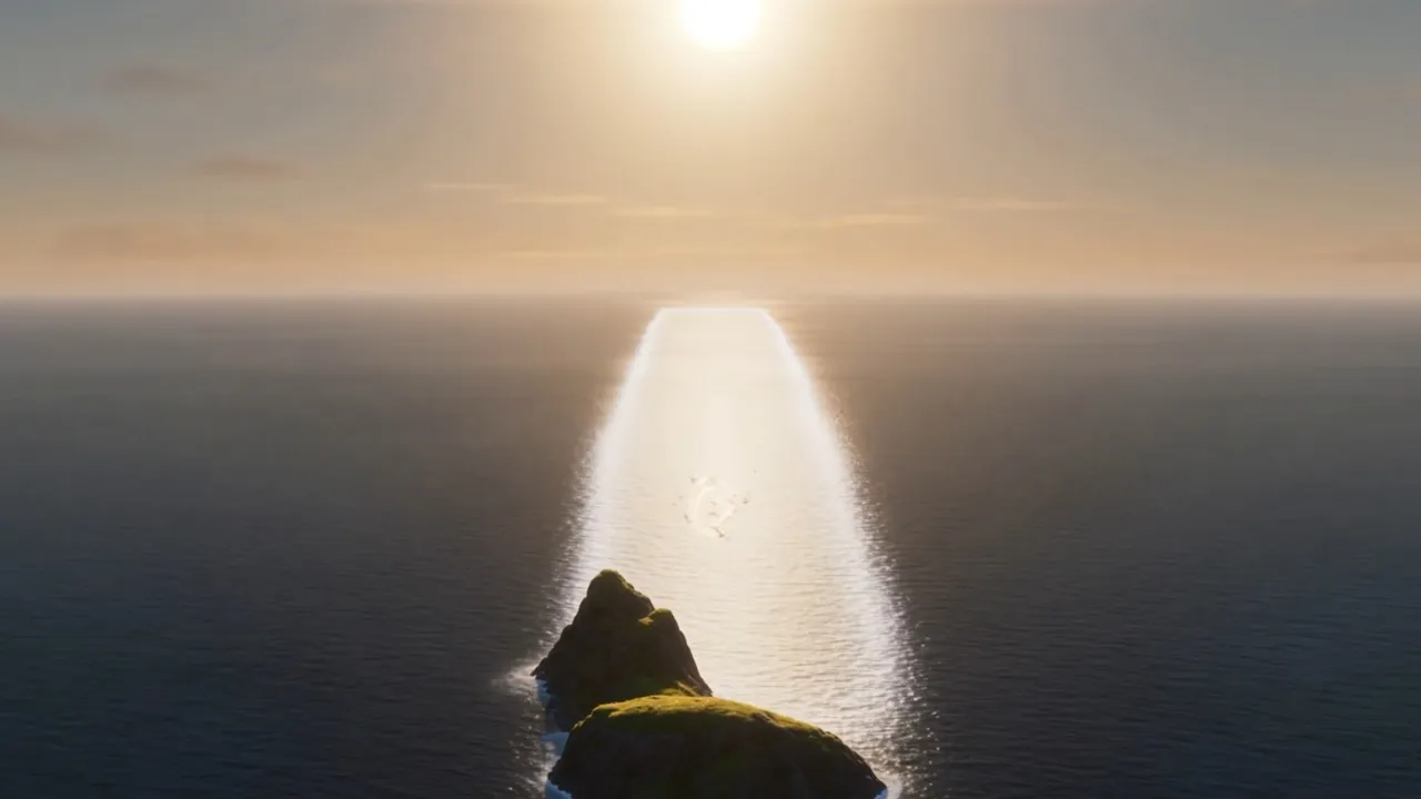 The sea silvering wave by wave — a brightness traveling outward, away from the island