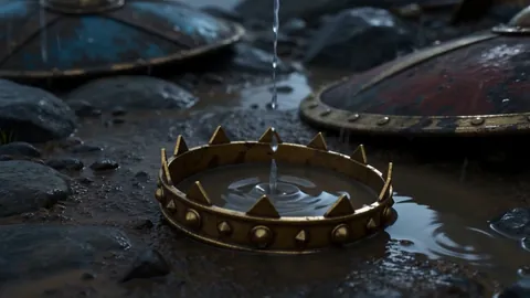 A golden crown lying in a rain puddle among abandoned shields on a gray hillside